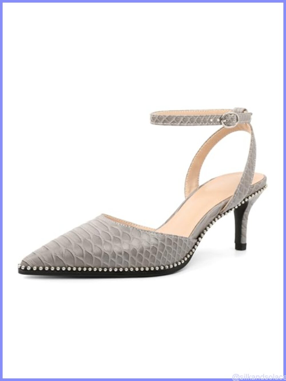 Kitten Heel Pointed Toe Ankle Strap Pumps Beaded Dress Shoes